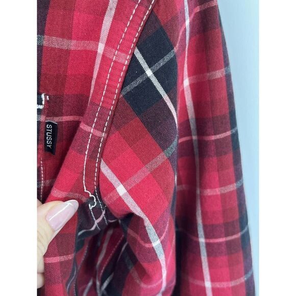 Stussy Mens Red Plaid Flannel Shirt Shacket Size Medium Button Fleece Lined - Picture 8 of 14